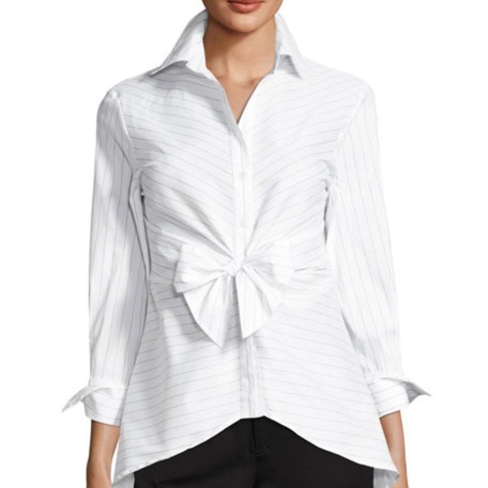 Neiman Marcus Striped Tie-Front Blouse, White/Black